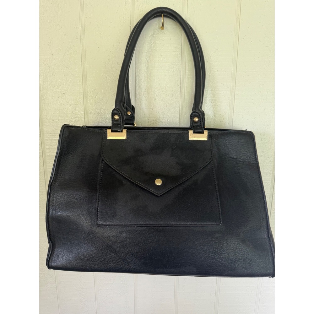 Black Faux Leather Satchel Handbag Gold Hardware Chevron Lining Front Pocket